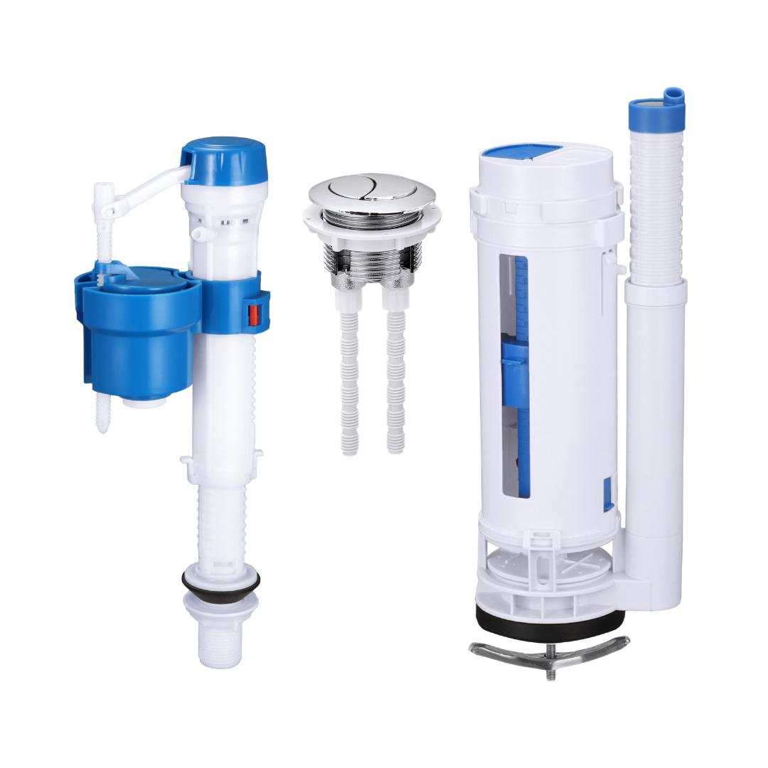 Kit universal de reparo para vaso sanitário com válvula de enchimento ajustável e válvula de descarga dupla para vaso sanitário de uma peça.