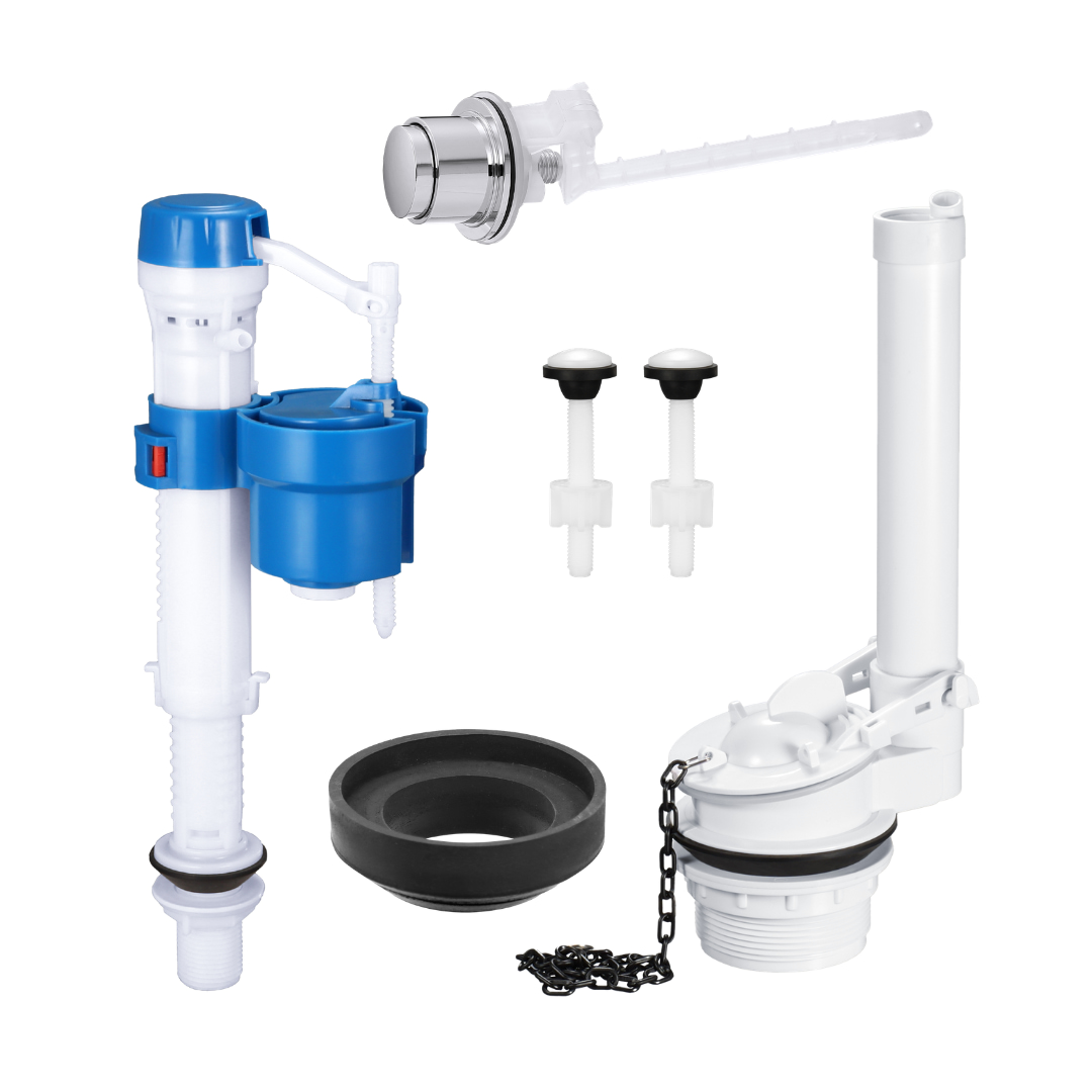 Side push button toilet tank repair kit for two-piece toilets with adjustable fill valve and 2 inch single flush valve